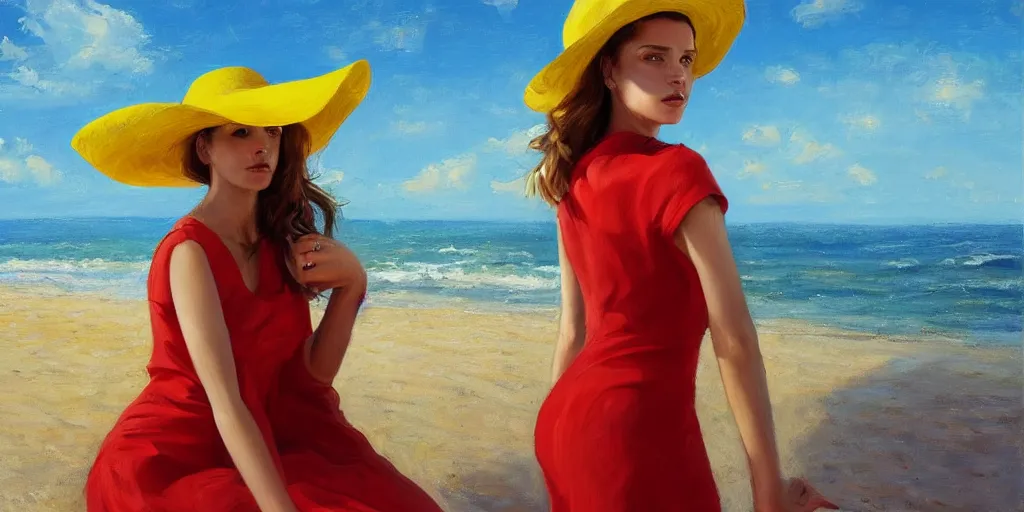 Image similar to beautiful oil matte portrait painting, young woman with red dress and mustard yellow summer hat at a beach on a sunny day, wonderful masterpiece highly detailed, beautiful cinematic light deep focus, elegant, digital painting, smooth, sharp focus, golden ratio, dramatic illumination, ultra realistic, 8 k, art by jimmy law