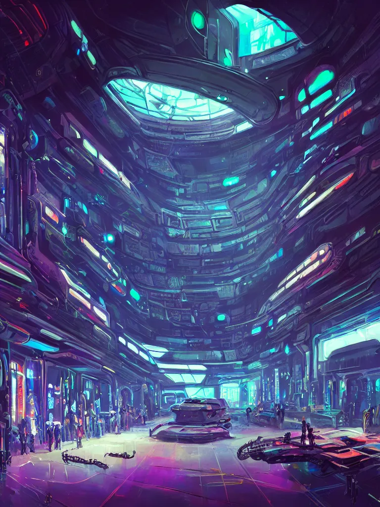 Image similar to the interior of a celestial spaceship cyberpunk hangar in a bioluminescent walls decorated beautifully, lots of cyberpunk design elements like humanoids and mecha robots, warm sunlight shining in, lots of cables and neon signs, concept art 8 k resolution, fantasy illustration, sharp focus, detailed painting, deep color, volumetric lighting, crepuscular rays