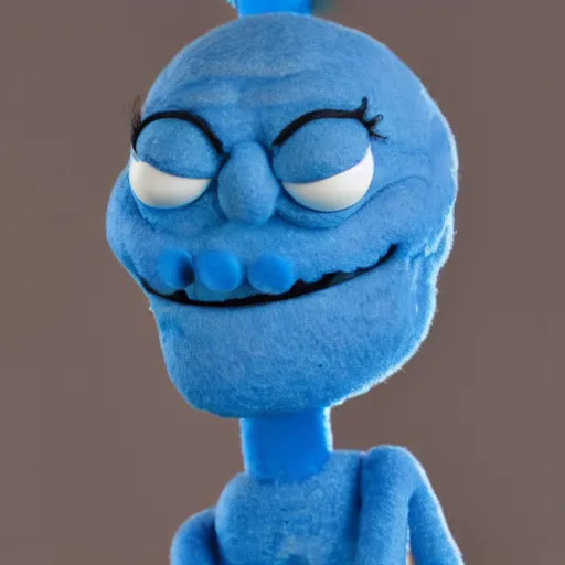 Prompt: mr meeseeks as a muppet. highly detailed blue felt. hyper real photo. 4 k.