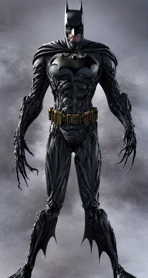 Image similar to Batman Designed By Moebius Yasushi Nirasawa and HR Giger, full body action pose, hyperrealistic, octane render, HDR, volumetric lighting,