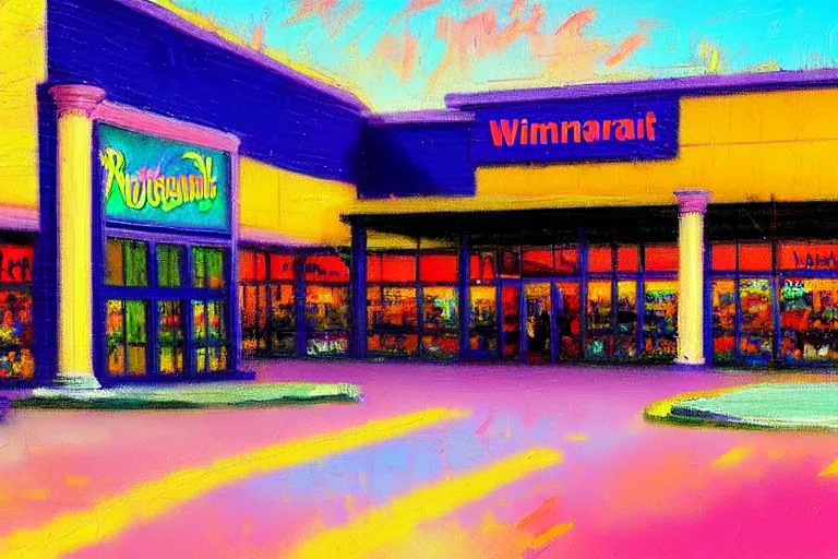 Image similar to impressionist brushstrokes!!!! lisa frank and and richard schmid and jeremy lipking victorian loose genre loose painting of a walmart store