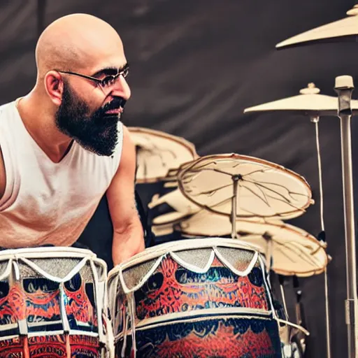 Image similar to bald arab guy with a beard playing a drum solo on a large drum kit, cinematic style, symmetric, highly detailed, ornate, intricate, realistic