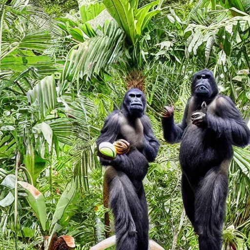 Prompt: cricket players in the jungle threatened by gorillas in spacesuits. Pineapple bushes