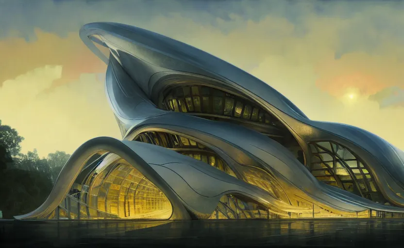 Image similar to exterior shot of utopian architecture building with cinematic lighting by zaha hadid and renzo piano, darek zabrocki and greg ruthkowski, alphonse mucha, simon stalenhag, cinematic, stars, beautiful, holy place, paradise, scifi, futurism, atmospheric, sunset, concept art, artstation, trending on artstation