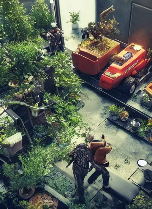 Image similar to wake up samurai we have a community to feed, solarpunk keanu reeves driving a tractor, cyberpunk 2 0 7 7, solarpunk, lots of plants, gardening, permaculture, anarchy, realistic, ultra detailed