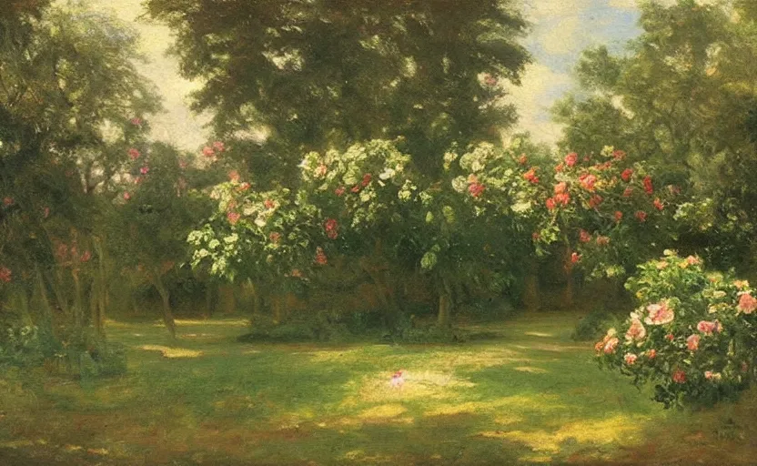 Prompt: a painting of a rose garden, hudson river school