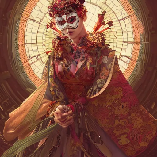 Prompt: a photorealistic dramatic fantasy render of a beautiful woman scarlet johanson wearing a beautiful intricately detailed japanese monkey kitsune mask and clasical japanese kimono by wlop, artgerm, greg rutkowski, alphonse mucha, epic, beautiful dynamic dramatic dark moody lighting, shadows, cinematic atmosphere, artstation, concept design art, octane render, 8 k