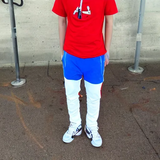 Prompt: a full body shot of an average white, short young - adult man with blue dyed hair holding a microphone, wearing a red backwards cap, white t - shirt with a red no symbol on it, blue long pants and red shoes