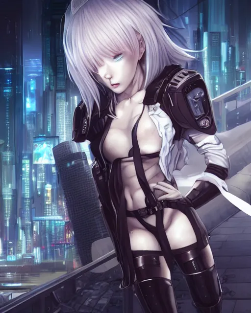 Image similar to The successful warrior is the average man, with laser-like focus, artwork by artgerm, anime, cyberpunk streets in Japan, elegant, seductive, long white hair, knee high socks, extra short blue plaid skirt, white blouse, army boots, high fantasy, CGsociety, full length, exquisite detail, post-processing, low angle, masterpiece, mystical, magical, art by Masamune Shirow
