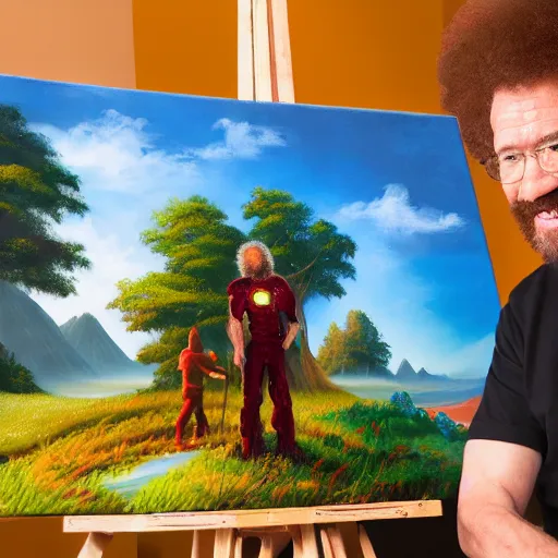 Prompt: a closeup photorealistic photograph of bob ross working on a canvas painting of iron man with happy trees. film still, vibrant colors. this 4 k hd image is trending on artstation, featured on behance, well - rendered, extra crisp, features intricate detail, epic composition and the style of unreal engine.