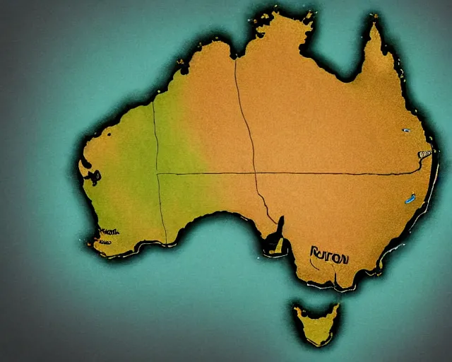 Image similar to recently rediscovered map of Australia with river systems and topology, lifelike, super highly detailed, professional digital painting, artstation, concept art, smooth, sharp focus, extreme illustration, Unreal Engine 5, Photorealism, HD quality, 8k resolution, cinema 4d, 3D, beautiful, cinematic, art by artgerm and greg rutkowski and alphonse mucha and loish and WLOP