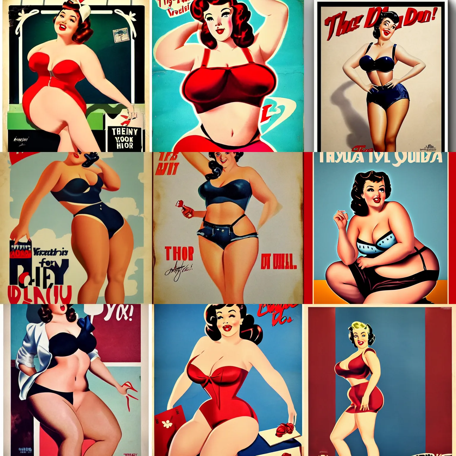 Prompt: pin-up poster of a thicc young female