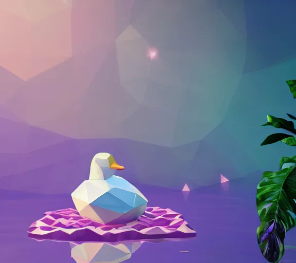 Prompt: diamond in the shape of a low - poly rubber duck floating in a pool of purple perfume surrounded by plants, inside a cave, glistering magic particles, ambient lighting, photorealism, mystical, enigmatic, digital oil painting, trending on artstation