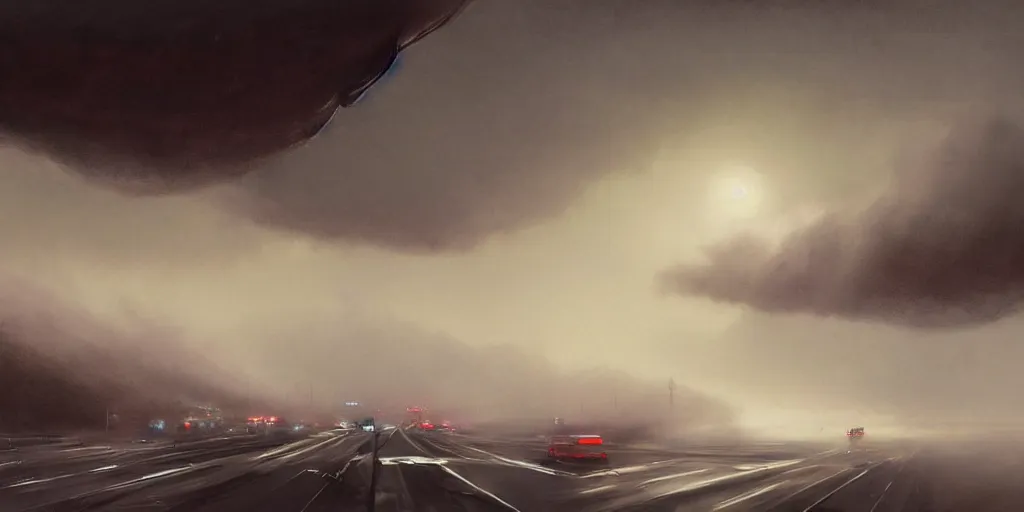 Prompt: a highly detailed epic cinematic concept art CG render digital painting artwork: Japanese highway, fog. By Greg Rutkowski, in the style of Francis Bacon and Syd Mead and Norman Rockwell and Beksinski, open ceiling, highly detailed, painted by Francis Bacon and Edward Hopper, painted by James Gilleard, surrealism, airbrush, Ilya Kuvshinov, WLOP, Stanley Artgerm, very coherent, triadic color scheme, art by Takato Yamamoto and James Jean