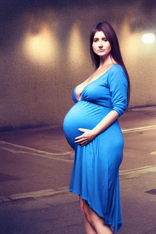 Image similar to pregnant woman in a small blue dress on night street, highly detailed, sharp focused, ultra realistic digital concept art