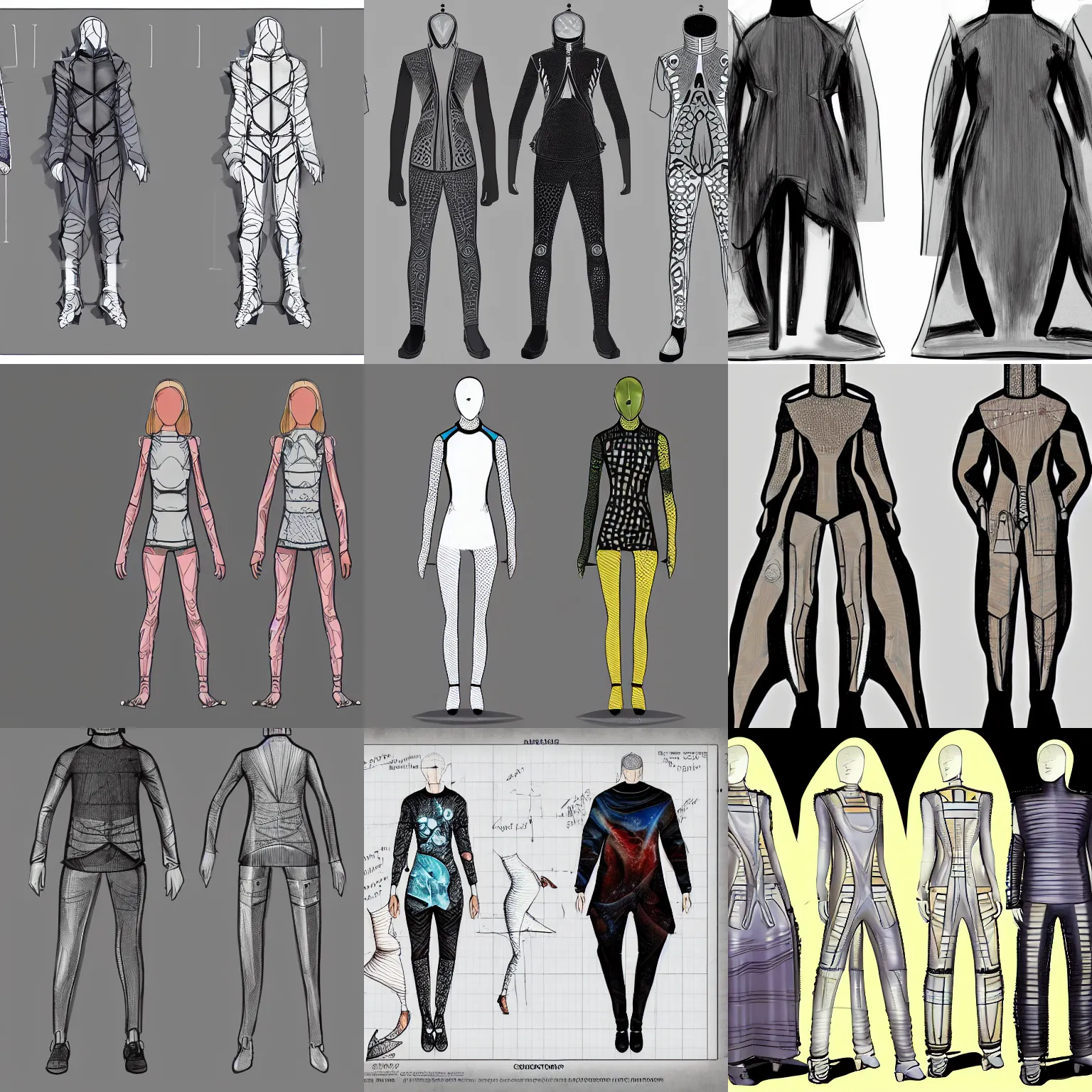 Prompt: time and relative dimension in space, clothing design ideas, concept sheet