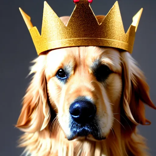 Prompt: a golden retriever wearing a golden king crown, photo