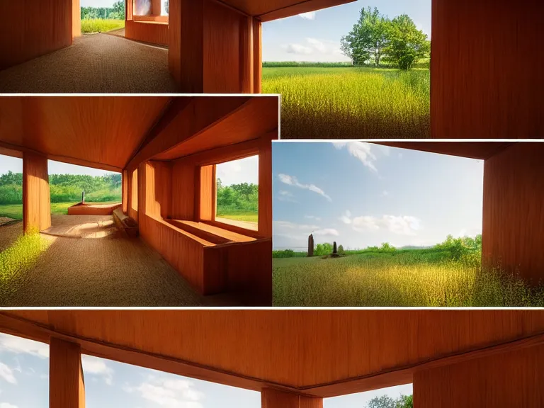 Prompt: hyperrealism design by frank lloyd wright and kenzo tange photography of beautiful detailed small house with many details around the forest in small ukrainian village depicted by taras shevchenko and wes anderson and caravaggio, wheat field behind the house, volumetric natural light