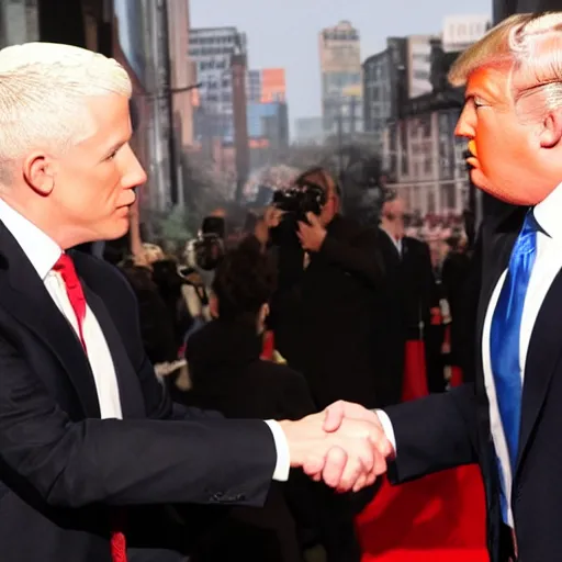 Image similar to anderson cooper and donald trump shaking hands