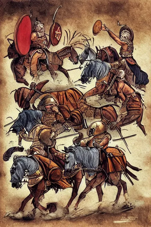 Prompt: “Poster of Viking horsemen in a battle. There is also Mini Cooper Countryman Hybrid. Retro cartoon caricature.”