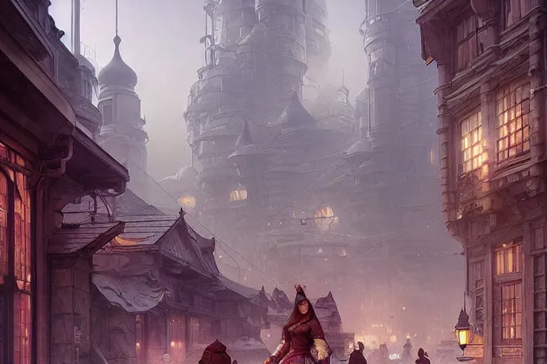Image similar to It’s dreamy on the streets of Russian panel houses quarters on the Moon city, Norilsk, sci-fi, fantasy, intricate, very very beautiful, elegant, highly detailed composition, digital painting, artstation, concept art, smooth, sharp focus, illustration, art by artgerm and greg rutkowski and alphonse mucha