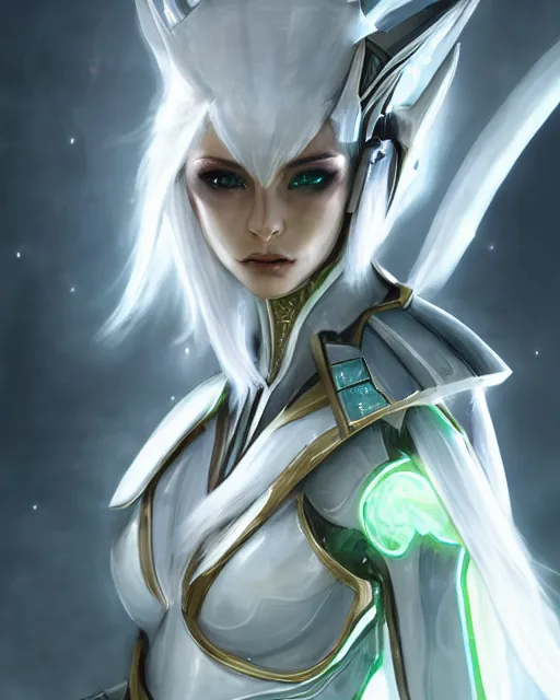 Prompt: perfect white haired attractive egyptian god, warframe armor, beautiful, symmetric, dreamy, half asian,, green eyes, charlize theron, detailed, scifi platform, laboratory, experiment, 4 k, ultra realistic, epic lighting, android body, illuminated, cinematic, masterpiece, art by akihito tsukushi, voidstar