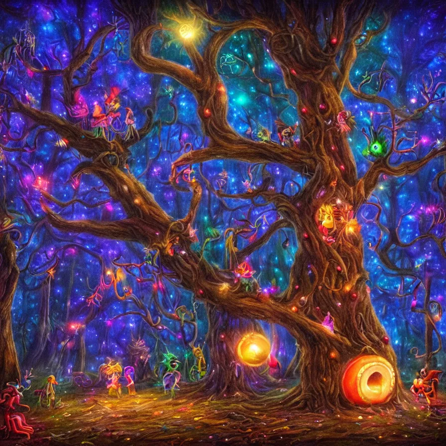 Prompt: a night carnival around a magical tree cavity, with a surreal orange moonlight and fireworks in the background, next to a lake with iridiscent water, christmas lights, folklore animals and people disguised as fantastic creatures in a magical forest by summer night, fantasy art, scene by night, dark night environment, refraction lights, glares
