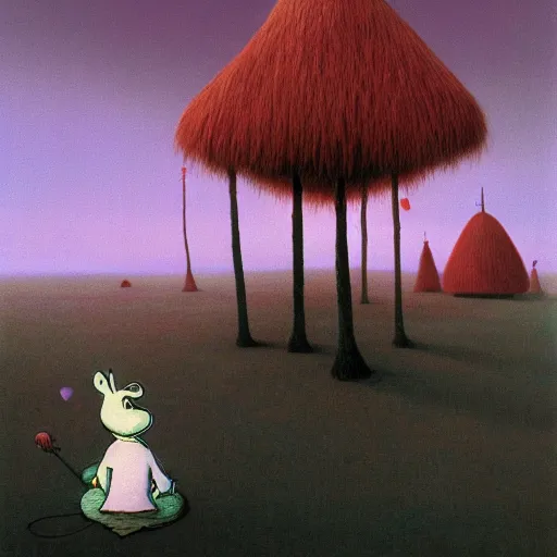 Image similar to the moomins in moominvalley, beksinski painting, very detailed!, high quality, 4 k