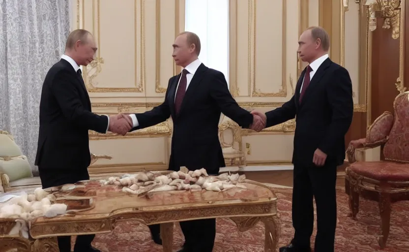 Image similar to putin shaking hands with billy herrington, political tv programme, 1 0 8 0 p