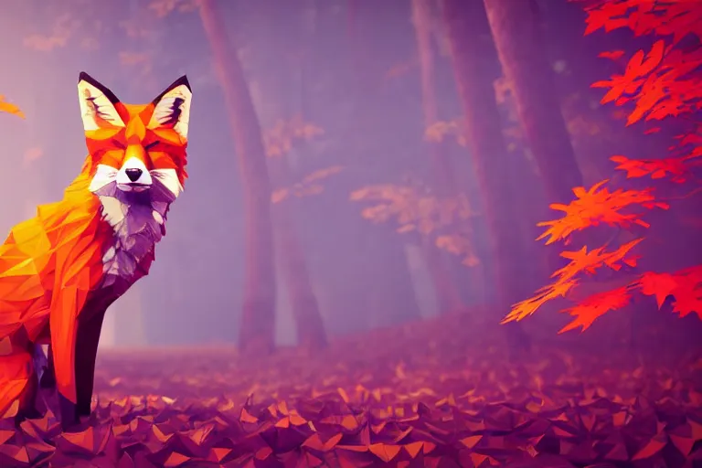 Image similar to super detailed color lowpoly art, red fox in an autumn maple forest, unreal engine, retrowave color palette, 3 d render, lowpoly, colorful, digital art, perspective