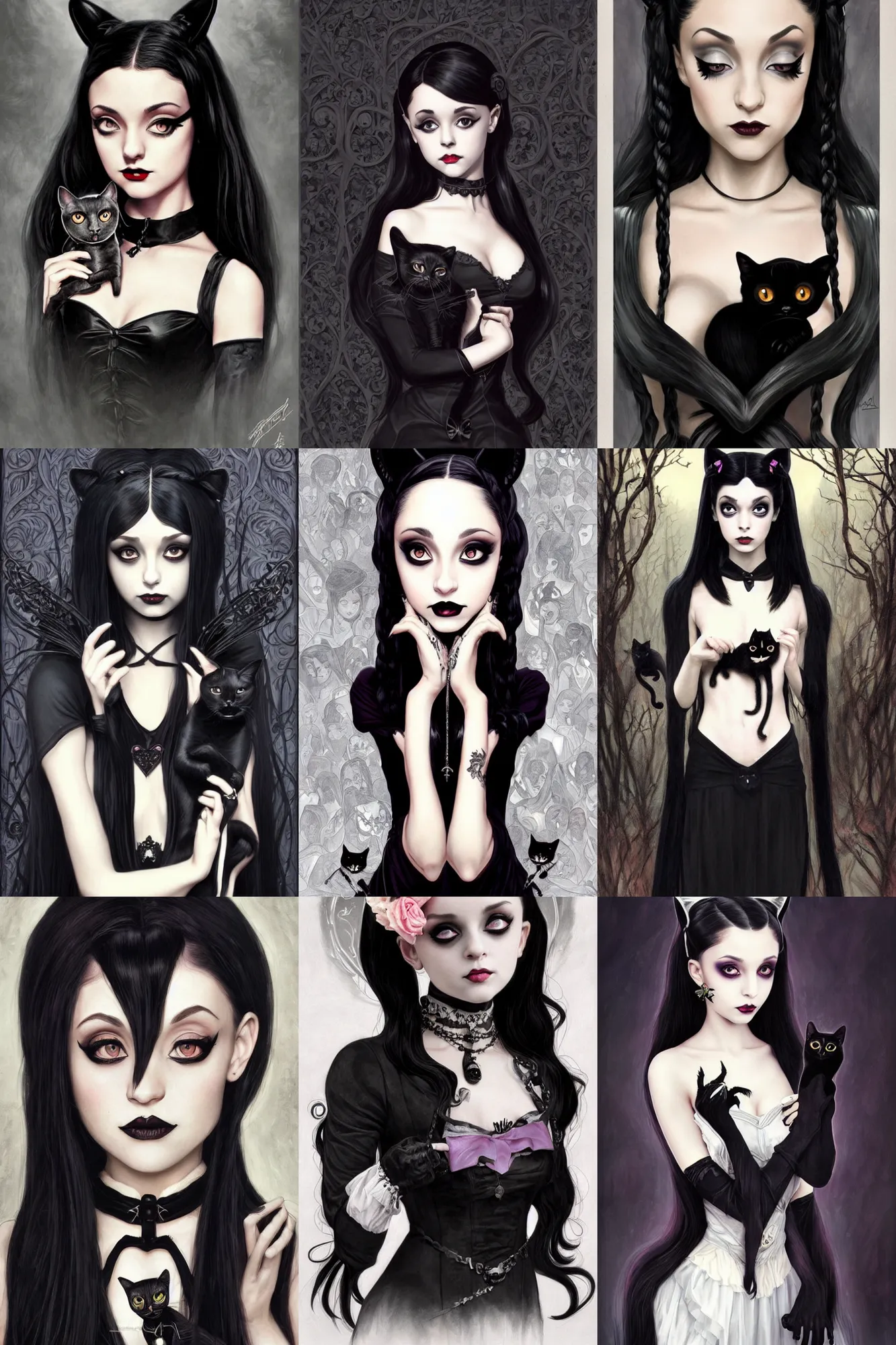 Prompt: beautiful gothic Ariana Grande as Wednesday Addams holding a Black Cat, Black Hair, goth, Tim Burton, intricate, elegant, highly detailed, digital painting, artstation, concept art, smooth, sharp, focus, illustration, art by artgerm and greg rutkowski and alphonse mucha