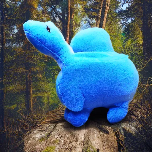 Prompt: blue'snappy gifts plush toy'in magical forest, gifts, dark atmosphere, high detail, soft lighting, 8 k