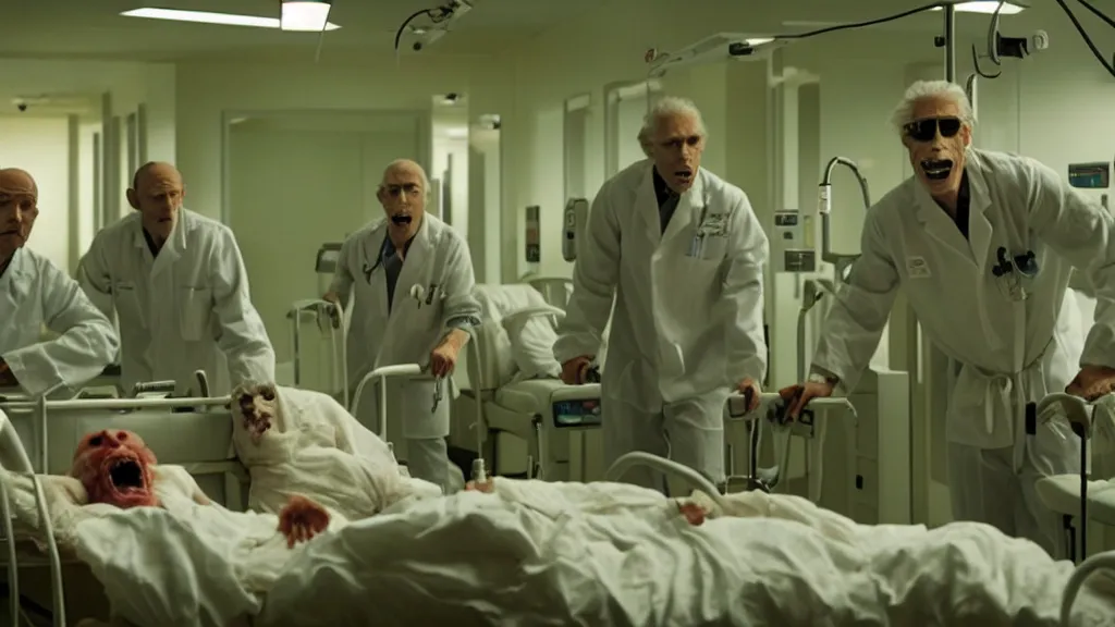 Image similar to monsters invade the hospital, film still from the movie directed by denis villeneuve and david cronenberg with art direction by salvador dali