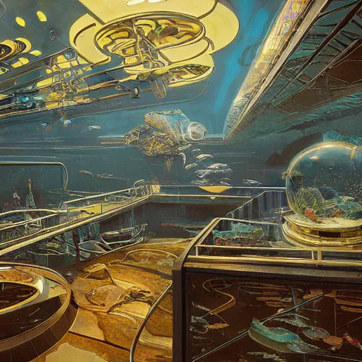 Prompt: painting of syd mead artlilery scifi aquarium with ornate metal work lands in country landscape, filigree ornaments, volumetric lights, simon stalenhag