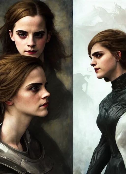 Image similar to emma watson portrait demon half human, elegant, wearing a bomber jacket, armor, hyper realistic, whitehorns, extremely detailed, dnd character art portrait, fantasy art,, dramatic lighting, vivid colors, artstation, by edgar maxence and caravaggio and michael whelan and delacroix, lois van baarle and bouguereau