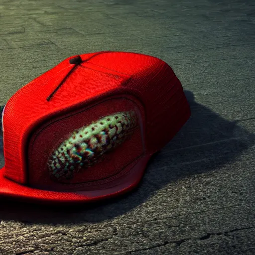 Image similar to hyperrealistic dslr film still of amorphous squid wearing a trucker hat, stunning 8 k octane comprehensive 3 d render, inspired by istvan sandorfi & greg rutkowski & unreal engine, perfect symmetry, dim volumetric cinematic lighting, extremely hyper - detailed, extremely lifelike attributes & lifelike texture, intricate, masterpiece, artstation, stunning