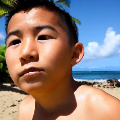 Prompt: hawaiian boy not being grateful for the things he has, 4 k photorealism, 4 k quality, trending on unsplalsh