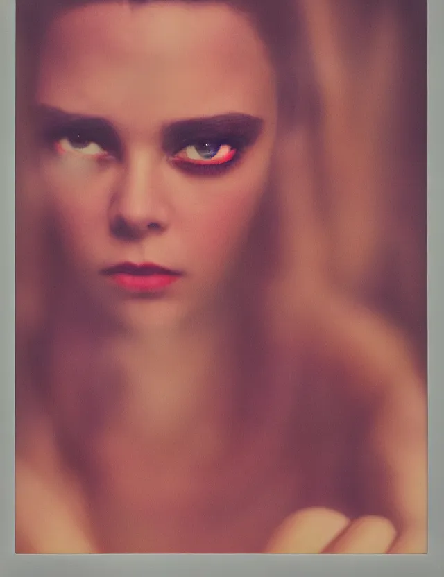 Prompt: portrait girl with smokey eyes makeup in motel, redshift, wide high angle coloured polaroid photograph with flash, kodak film, hyper real, stunning moody cinematography, with anamorphic lenses, by maripol, fallen angels by wong kar - wai, style of suspiria and neon demon and children from bahnhof zoo, detailed