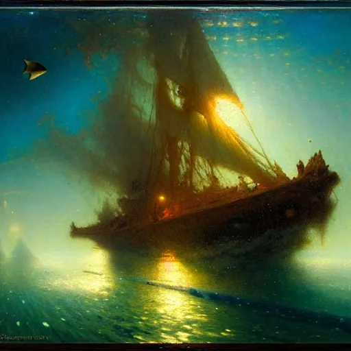 Image similar to you are at the bottom of the ocean looking up, see fishes swimming, the milk way, night time, midnight. highly detailed painting by gaston bussiere, greg rutkowski 8 k