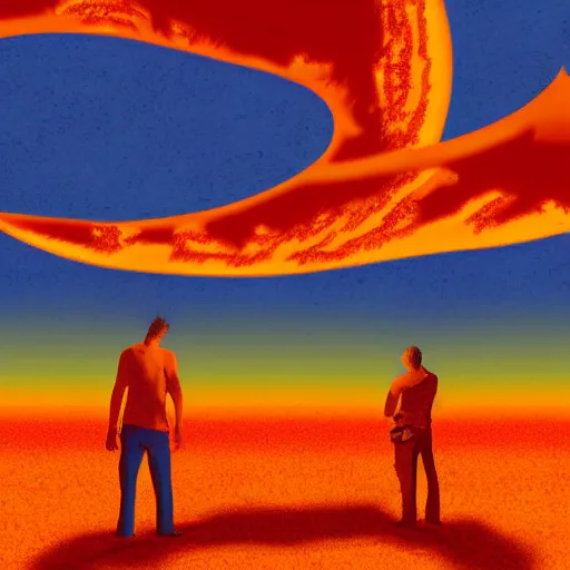Prompt: giant fiery sun takes up most of the sky, two men look out over the horizon of a desert with plants on fire, digital art
