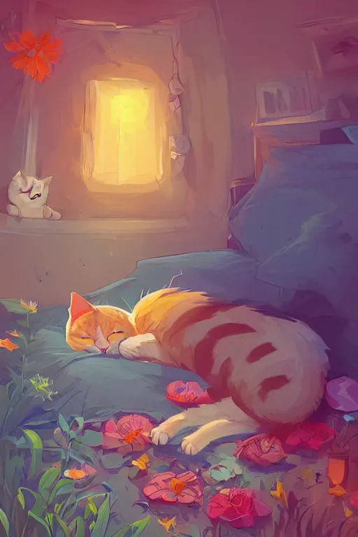 Image similar to a digital art of a cat sleeping in the room with flowers around in the afternoon, the sun shines in, animal, light effect, highly detailed, by anton fadeev