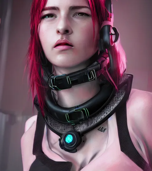 Image similar to detailed realistic female character cyberpunk wearing thick technological collar around neck, realistic, art, beautiful, 4K, collar, choker, collar around neck, punk, artstation, detailed, female, woman, choker, cyberpunk, neon, punk, collar, choker, collar around neck, thick collar, tight around neck, punk,