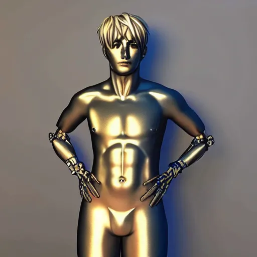 Prompt: “a realistic detailed photo of a guy who is an attractive humanoid who is half robot and half humanoid, who is a male android, twitch streamer Ninja Tyler Blevins, shiny skin, posing like a statue, blank stare, displayed”