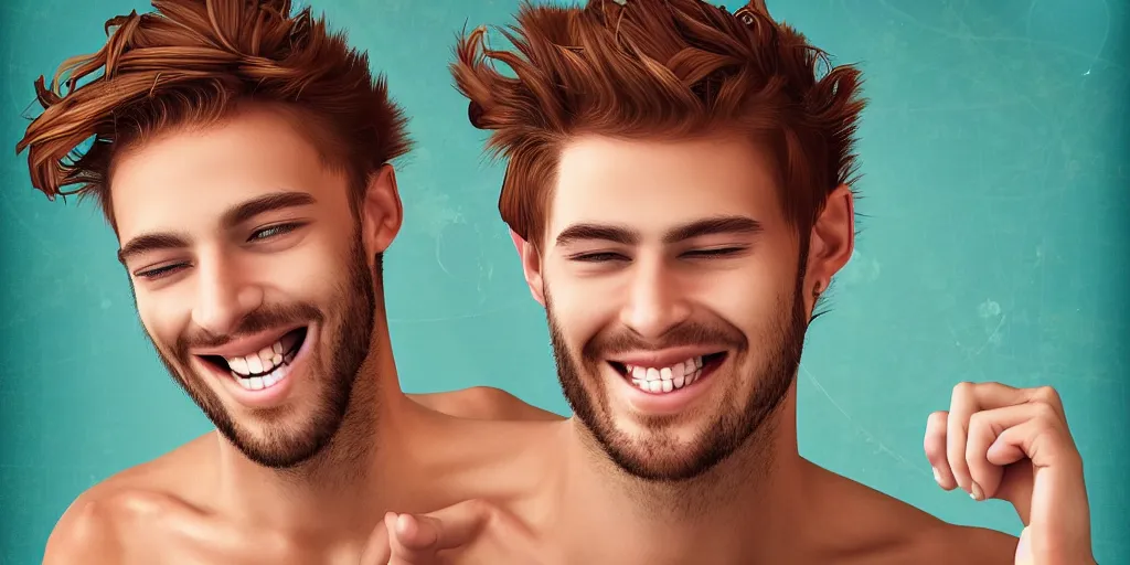 Image similar to beautiful young man smiling running his hand through his hair, digital art, colourful, digital art, realistic, seductive.