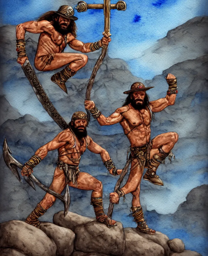 Image similar to randy savage with an anchor weapon slung over his shoulder and foot heroically on a boulder posing in desolate wasteland | fantasy watercolour painting | middle earth | conan | darksun | d & d dungeons and dragons | barbarian