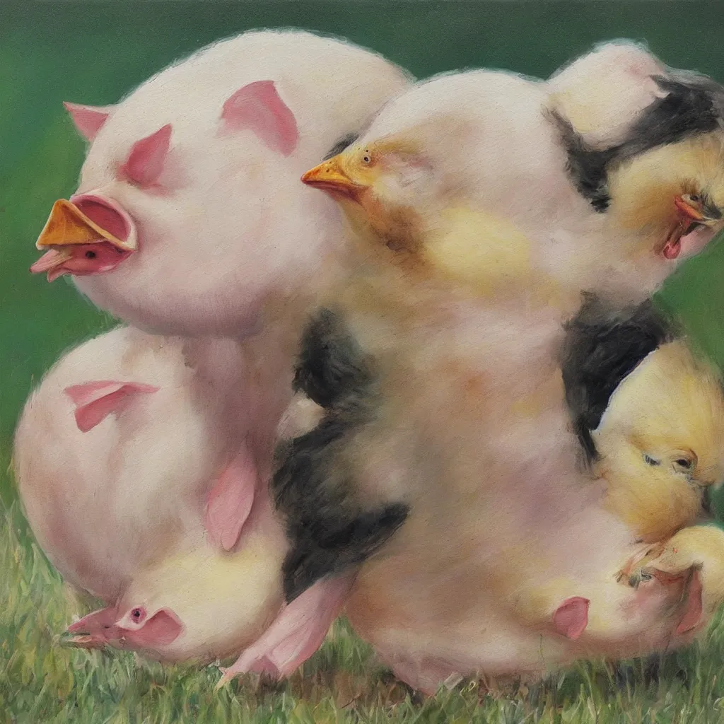 Image similar to A lovely painting of a chick and a pig hugging each-other,