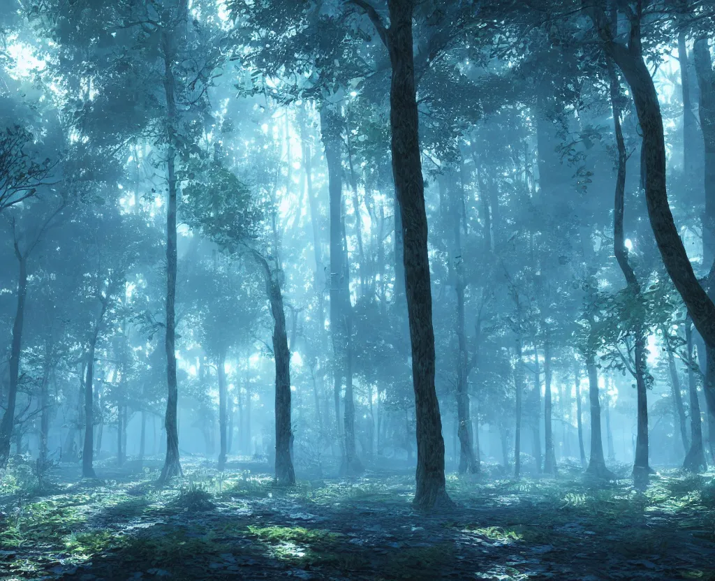 Image similar to blue forest, glowing, unreal engine 5, raytracing, hyperreal, digital art, highly detailed, artstation