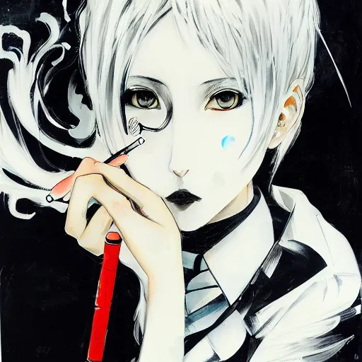 Image similar to Three quarter view Yoshitaka Amano style portrait of an anime girl with short white hair and different eyes wearing suit with patterns, smoking cigarette, abstract black and white background, film grain effect, highly detailed, oil painting, expressive brush strokes