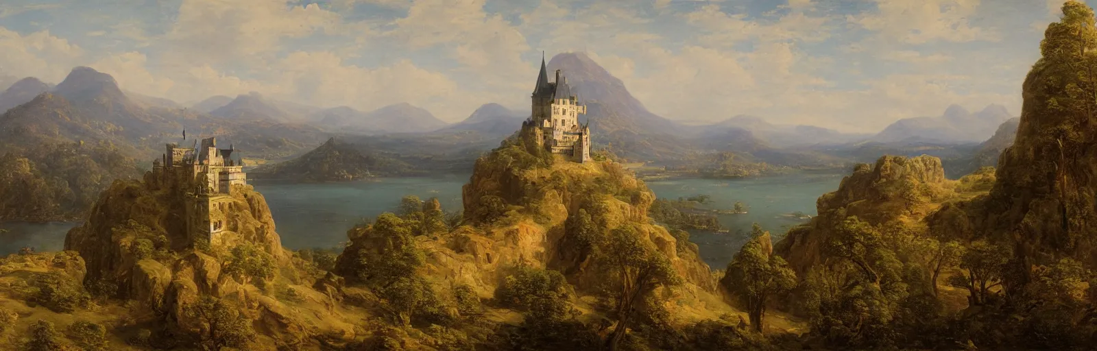 Image similar to a painting of a castle on top of a mountain, a matte painting by Charles Cundall,hudson river school, matte painting, rococo, detailed painting