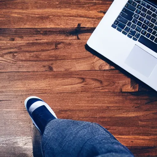 Prompt: Chubby clean-shaven white businessman sitting at a wooden conference table typing on an laptop keyboard, his right shoe is resting on table next to laptop